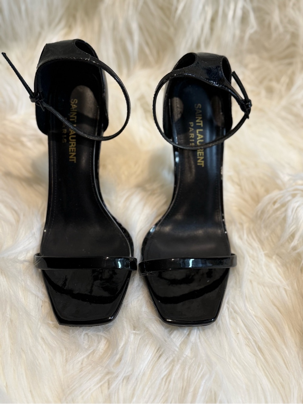 Saint Laurent Black Patent Leather Sandal Heels with Gold Sculptural Heel - Picture 7 of 15